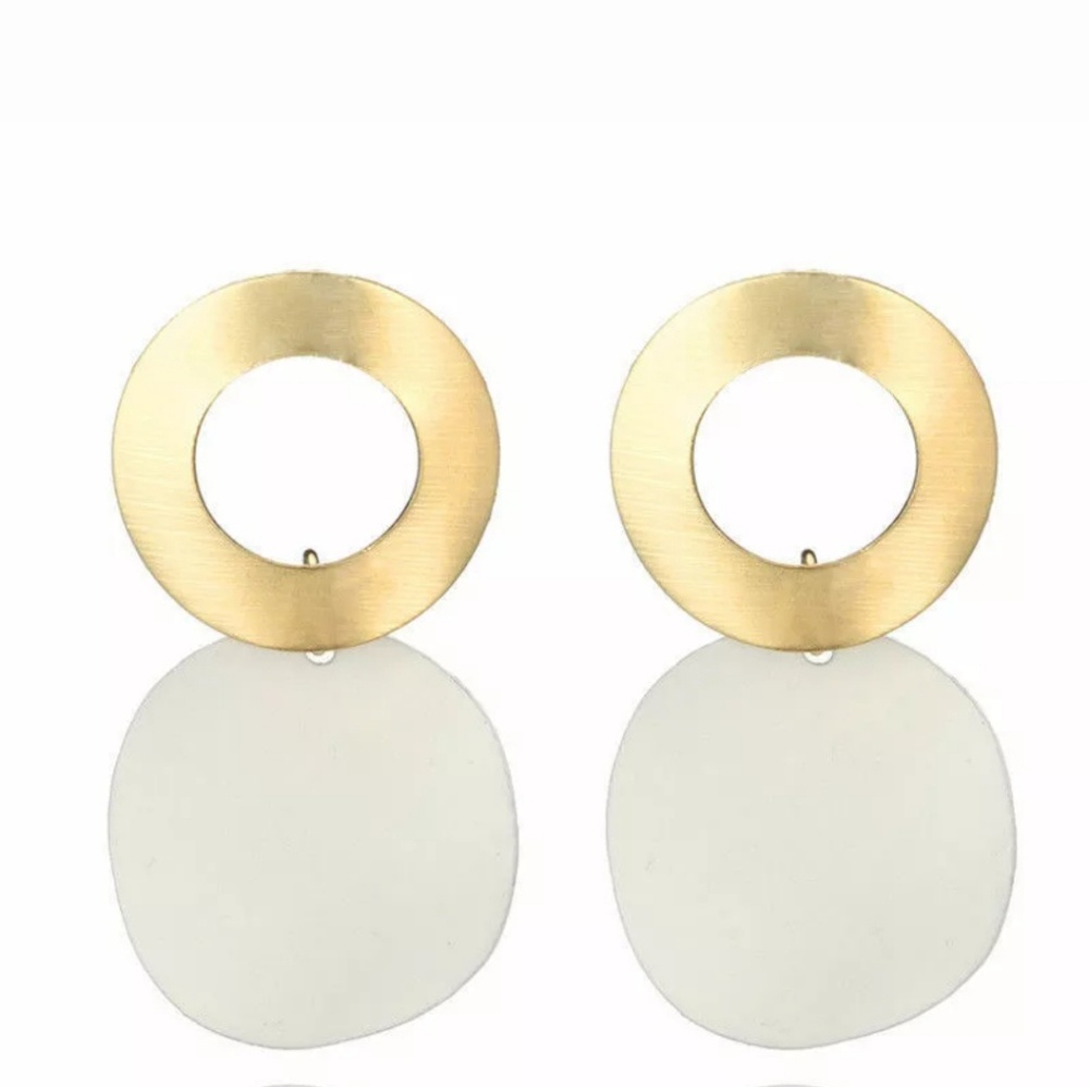 White Gold Dangle Earring Minimal Round - Picture 2 of 2